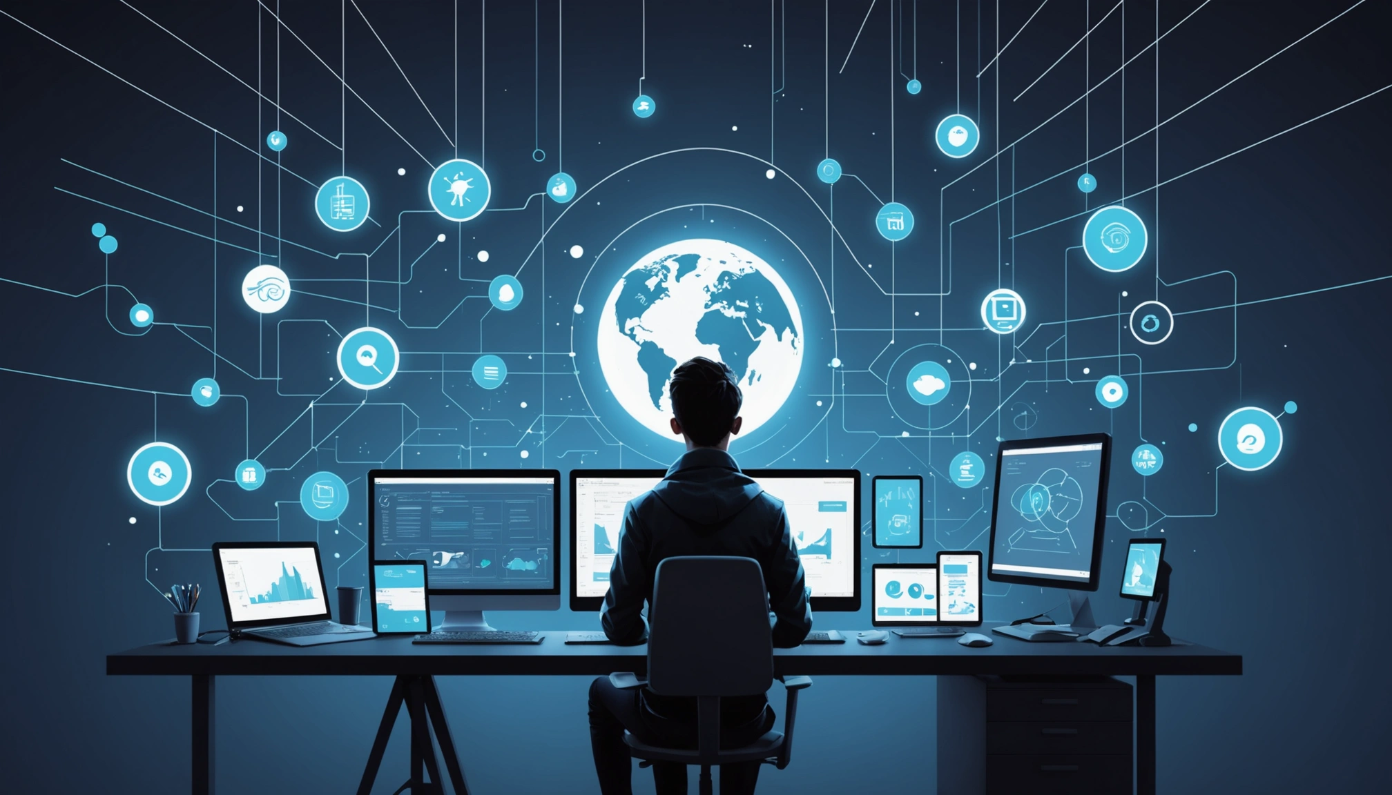 Where to Extract Leads Using Salesforce, Digital art, technology concept, abstract, clean lines, minimalist, corporate blue and white, data visualization, glowing nodes, wordpress, php, html, css