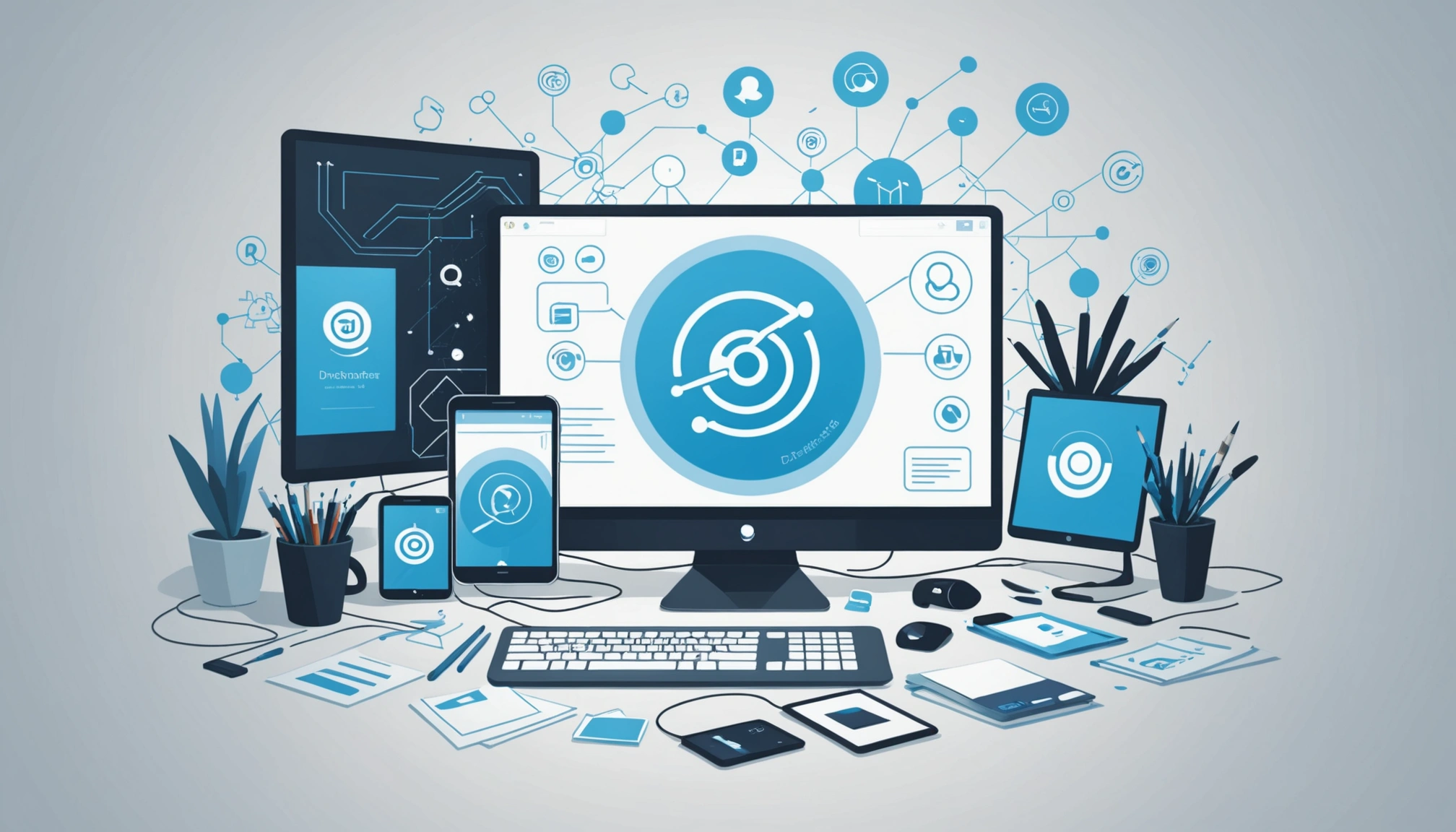 Where to Find Developers Contact Info on Stack Overflow, Digital art, technology concept, abstract, clean lines, minimalist, corporate blue and white, data visualization, glowing nodes, wordpress, php, html, css