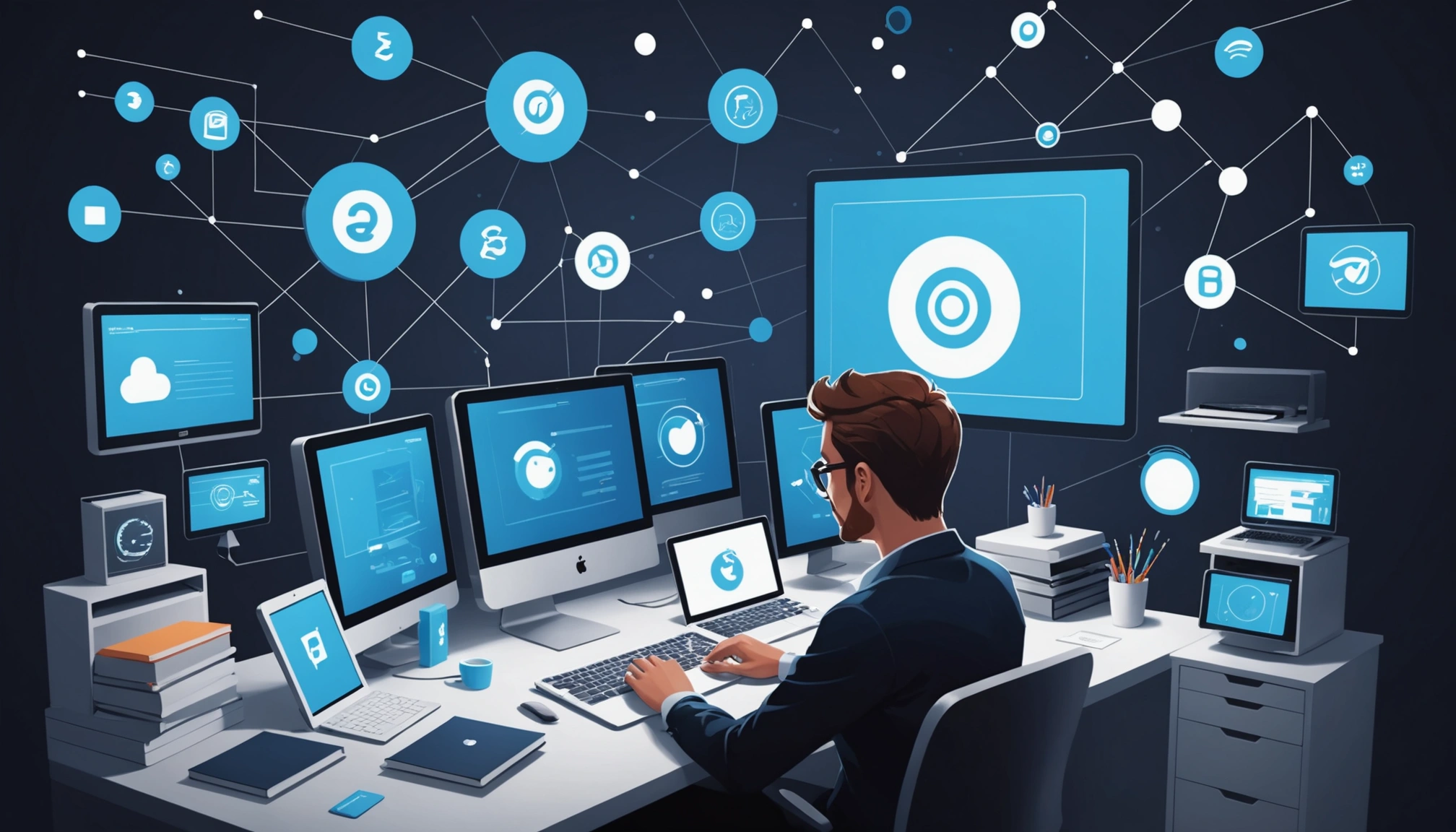 Where to Find Substack Newsletter Authors, Digital art, technology concept, abstract, clean lines, minimalist, corporate blue and white, data visualization, glowing nodes, wordpress, php, html, css
