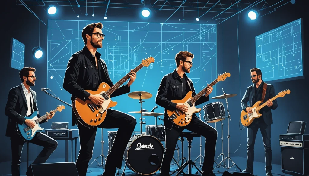 Where to Find Musicians and Bands Contact Info, Digital art, technology concept, abstract, clean lines, minimalist, corporate blue and white, data visualization, glowing nodes, wordpress, php, html, css
