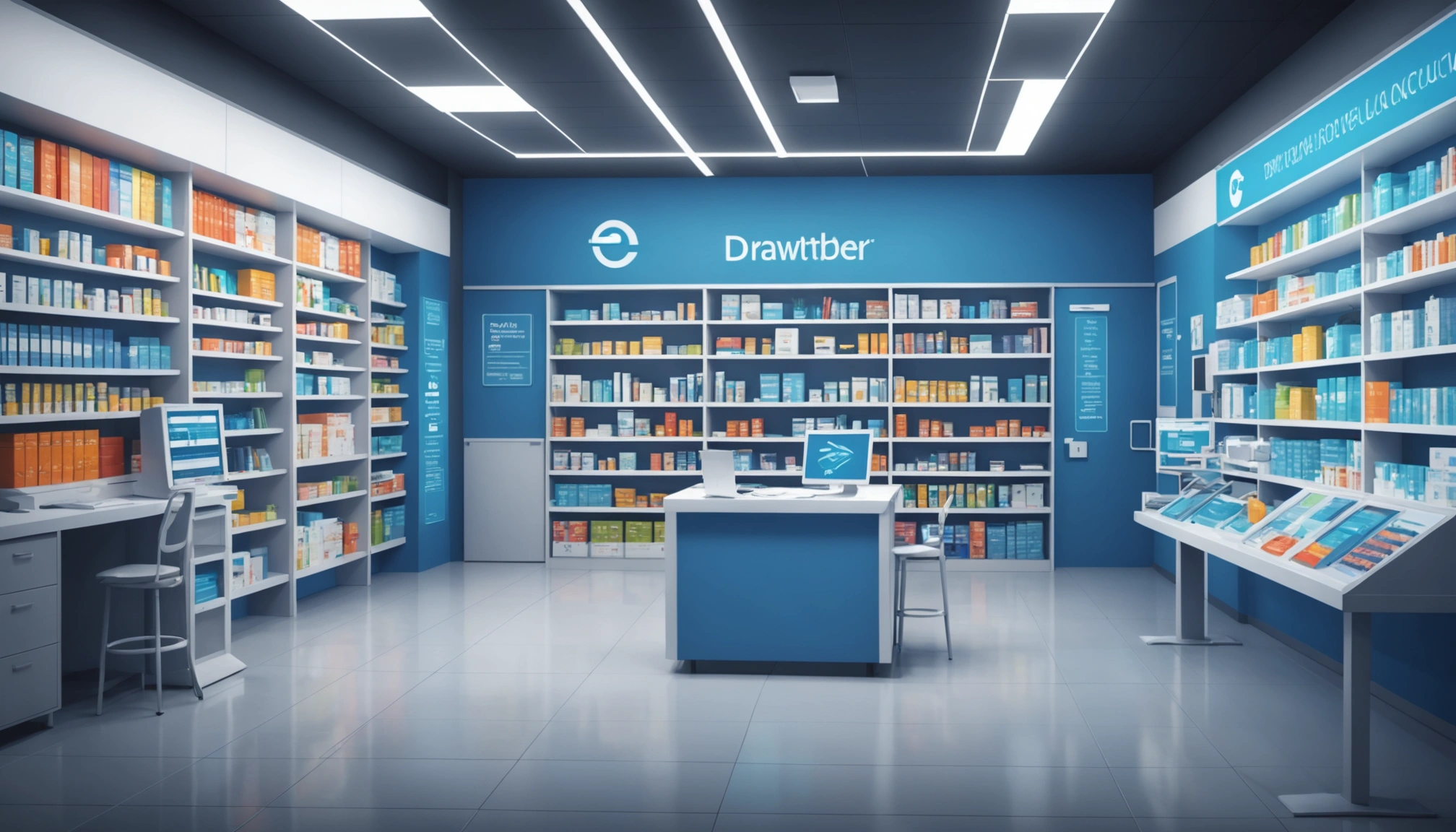 Where to Find Pharmacies Contact Info, Digital art, technology concept, abstract, clean lines, minimalist, corporate blue and white, data visualization, glowing nodes, wordpress, php, html, css